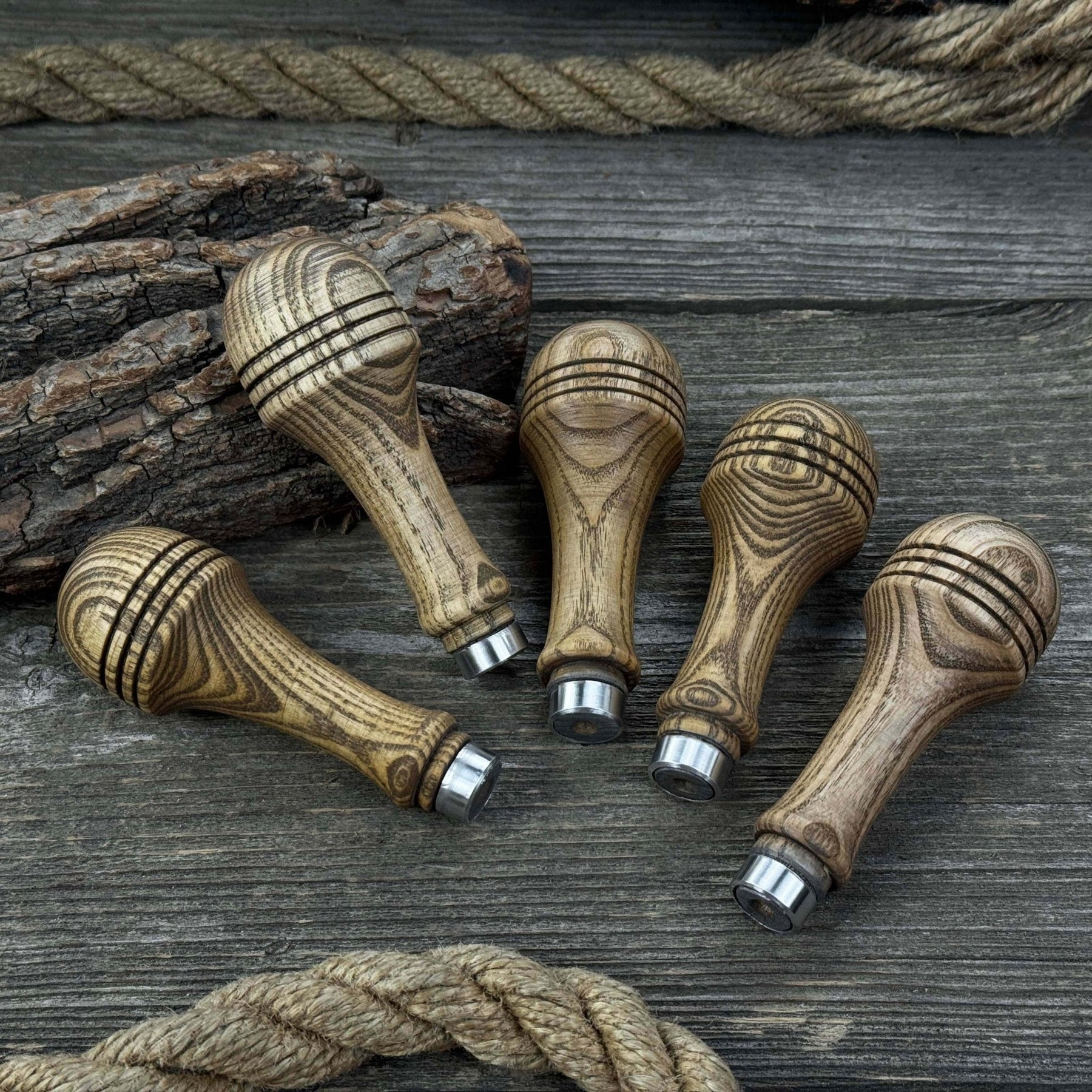 Set of 5 Ash Wood Replacement Handles with Aluminum Rings
