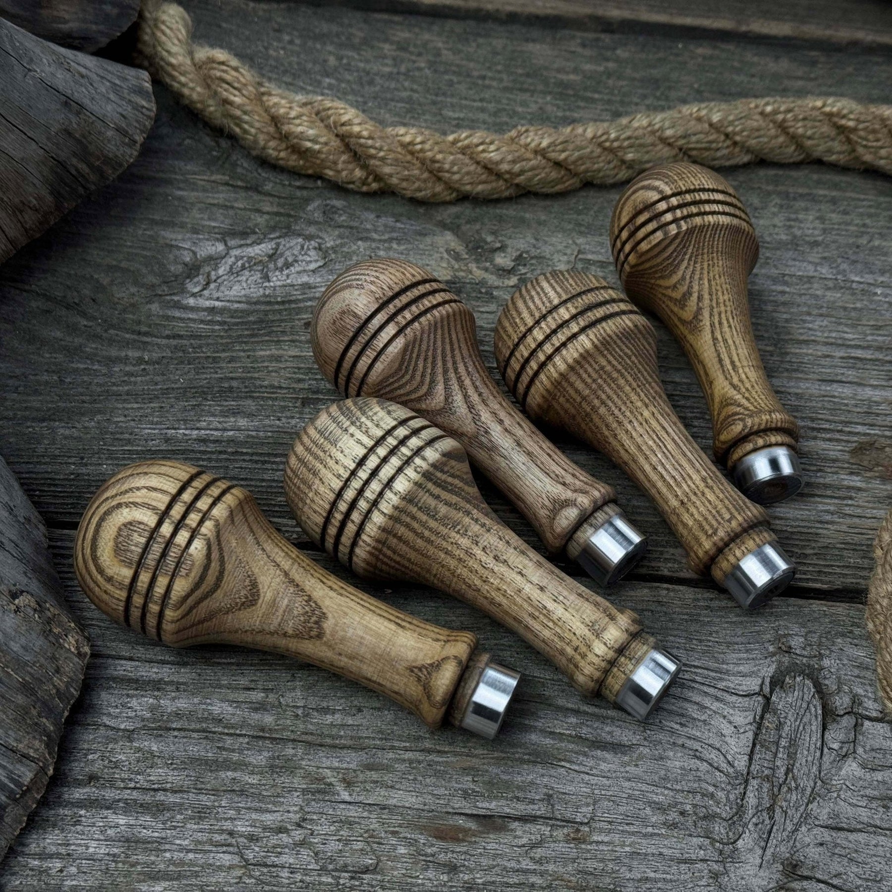 Set of 5 Ash Wood Replacement Handles with Aluminum Rings