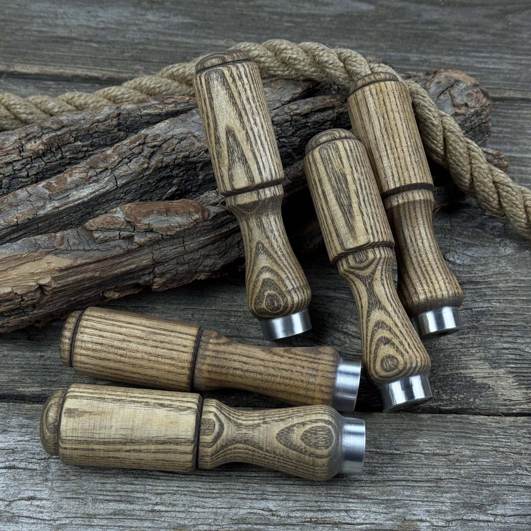 Set of 5 Ash Wood Tool Handles with Aluminum Rings