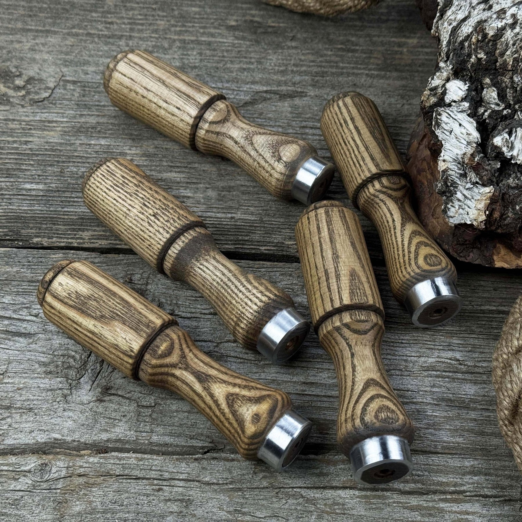 Set of 5 Ash Wood Tool Handles with Aluminum Rings