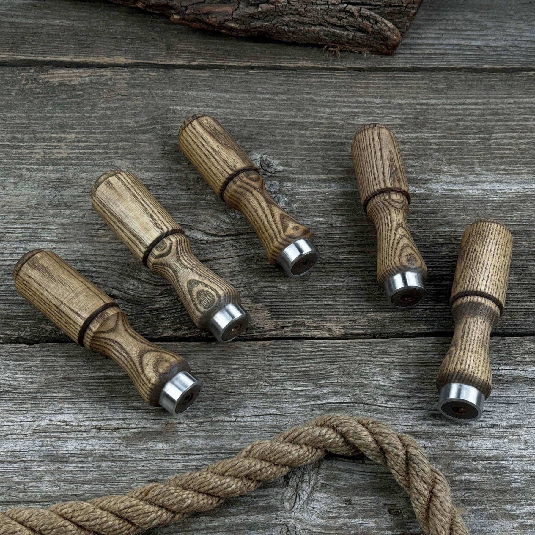 Set of 5 Ash Wood Tool Handles with Aluminum Rings