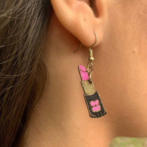 Lips and Lipstick Wooden Dangle Earrings | Glam Beauty Jewelry