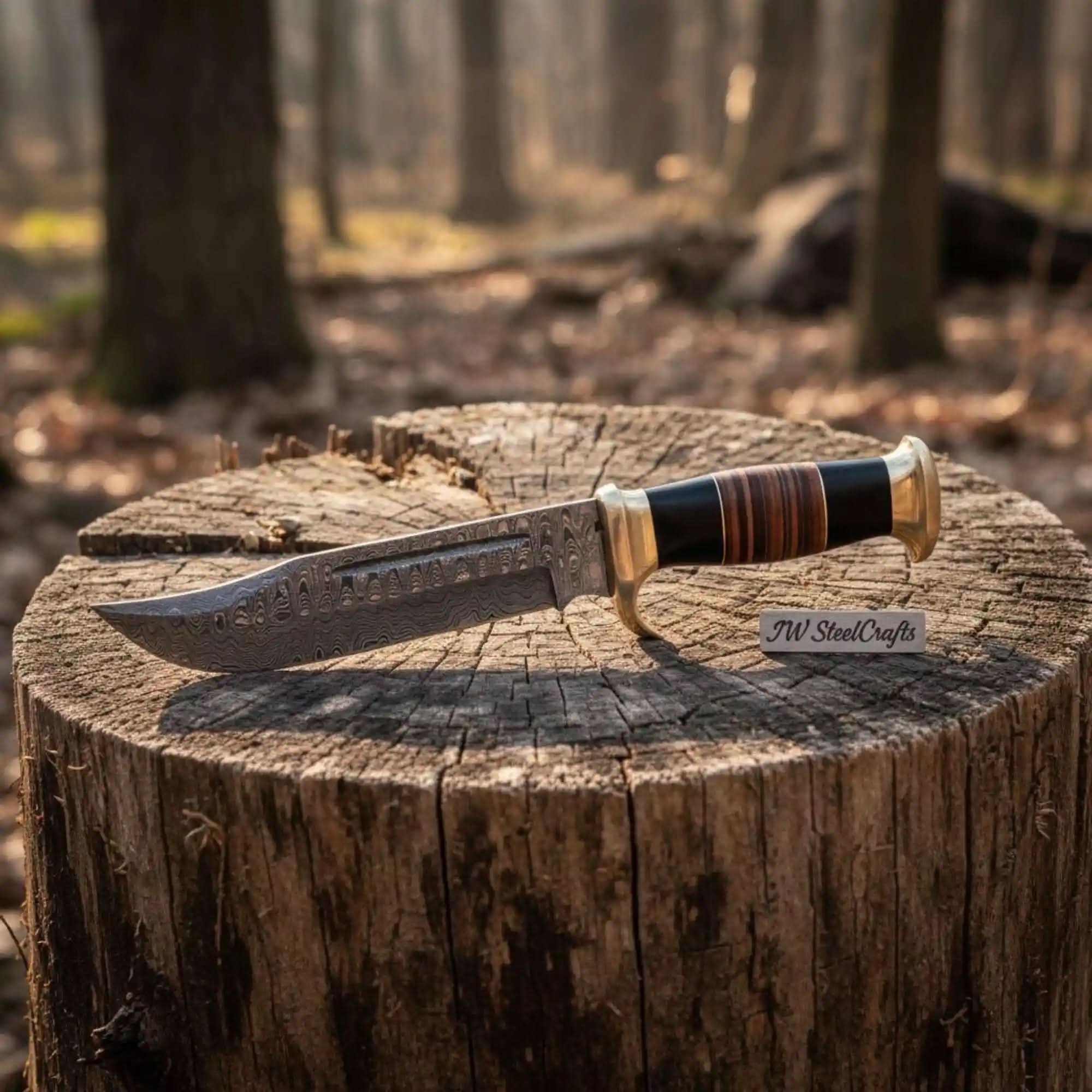 Hammer Forged Damascus Clip Point Bowie Knife with Resin & Stacked Leather Handle by JW SteelCrafts, Damascus knife main product photo