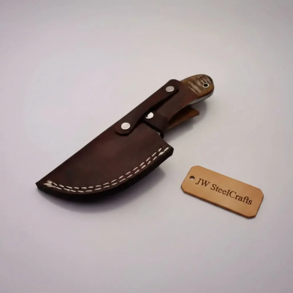 Damascus Gut hook Skinner Knife Raindrop pattern | two handle options by JW SteelCrafts, Damascus knife detail photo 2