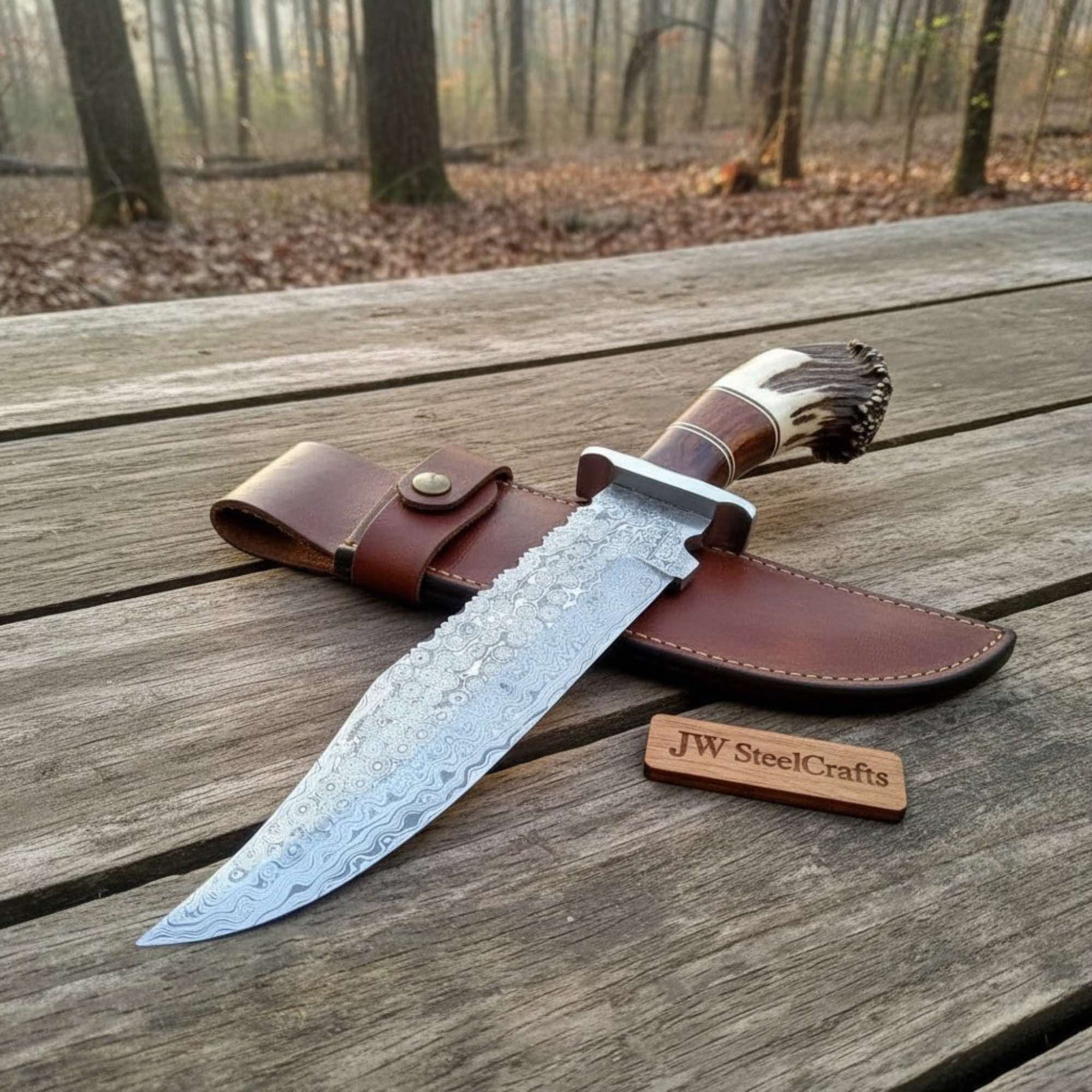 Sheffield Clip Point Bowie Knife with Damascus Steel and Crown Stag by JW SteelCrafts, Damascus knife main product photo