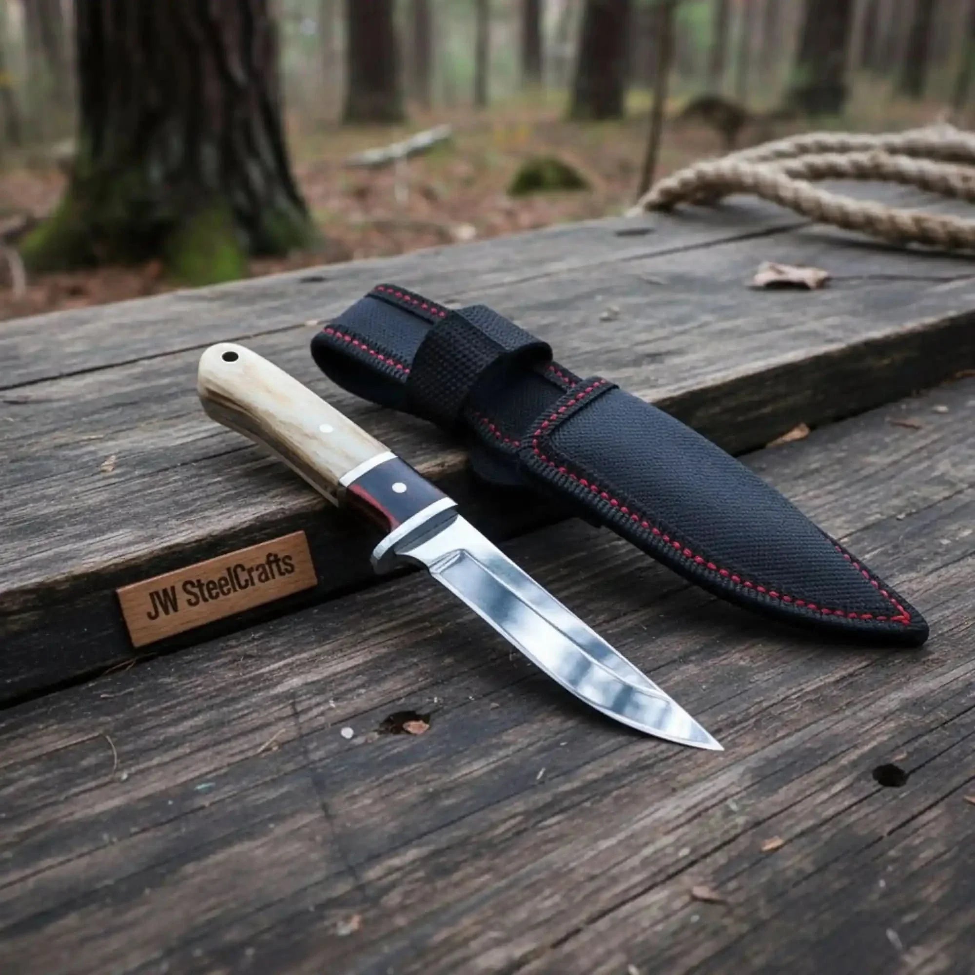 Clip Point Hunting Knife Stainless Steel Blade Bone Handle Fixed Blade with Sheath by JW SteelCrafts, leather knife sheath main product photo
