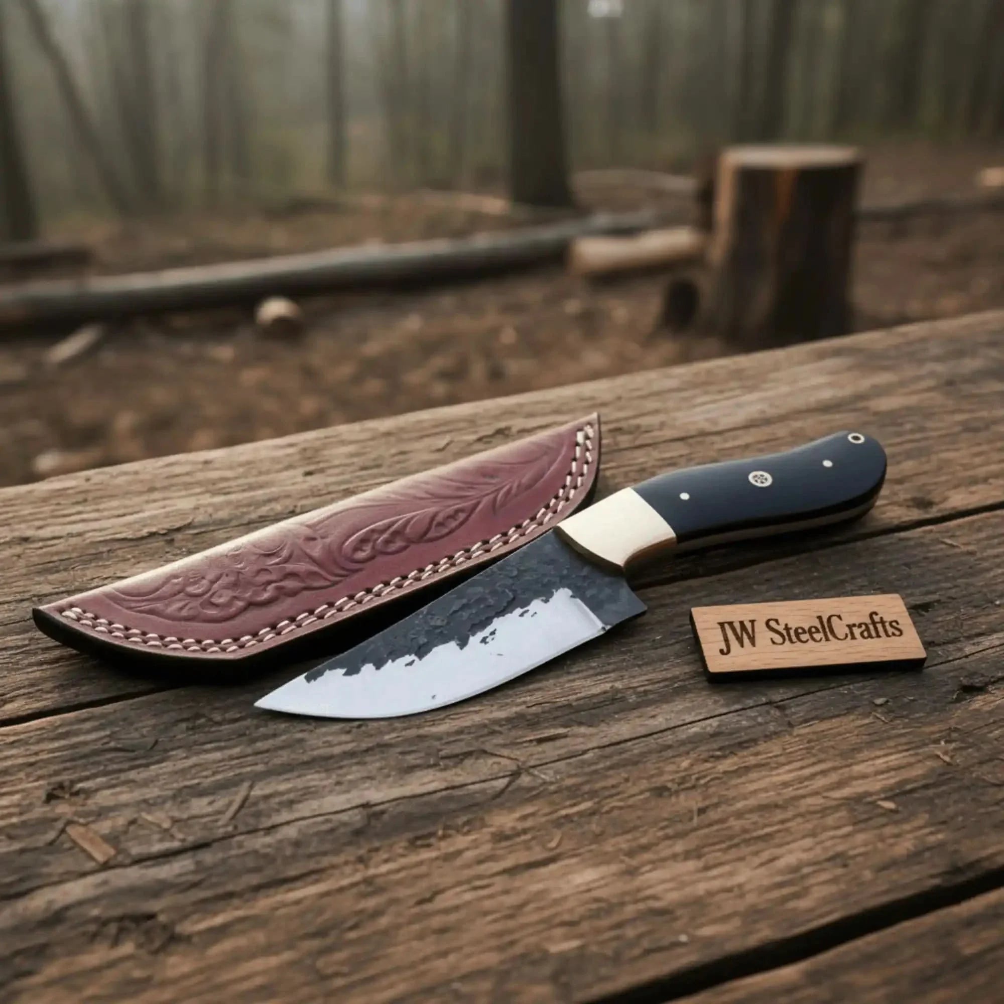 Handmade Knife - High Carbon Steel Blade & Ox Horn Handle by JW SteelCrafts, Damascus knife main product photo