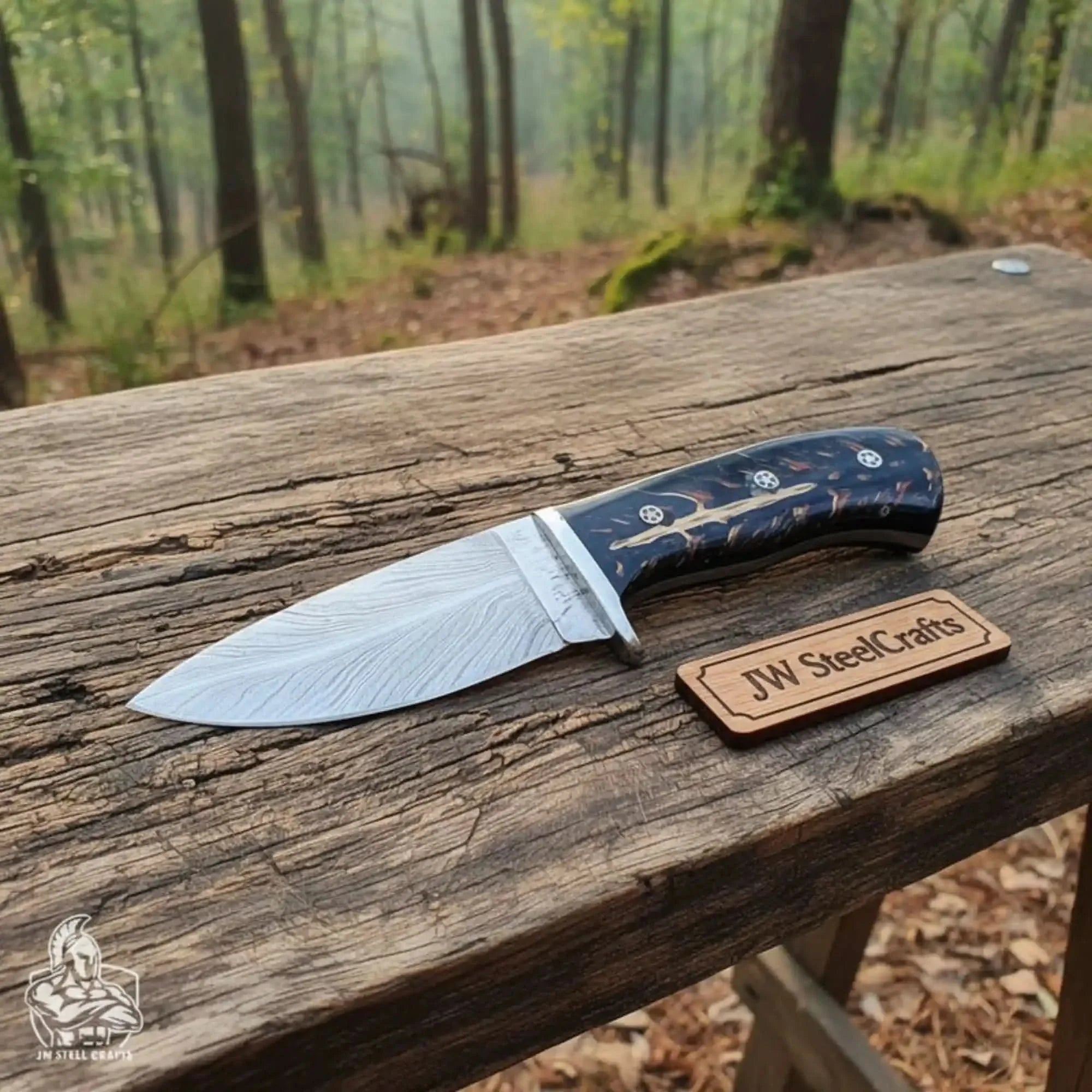 Skinner Knife, Feather Damascus Blade, Resin Handle, Fixed Blade Hunting Knife by JW SteelCrafts, Damascus knife main product photo