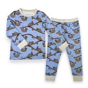 Sloth bamboo two piece pajamas for kids with hand drawn animal print