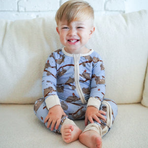 Sloth bamboo baby zip pajamas with hand drawn animal print