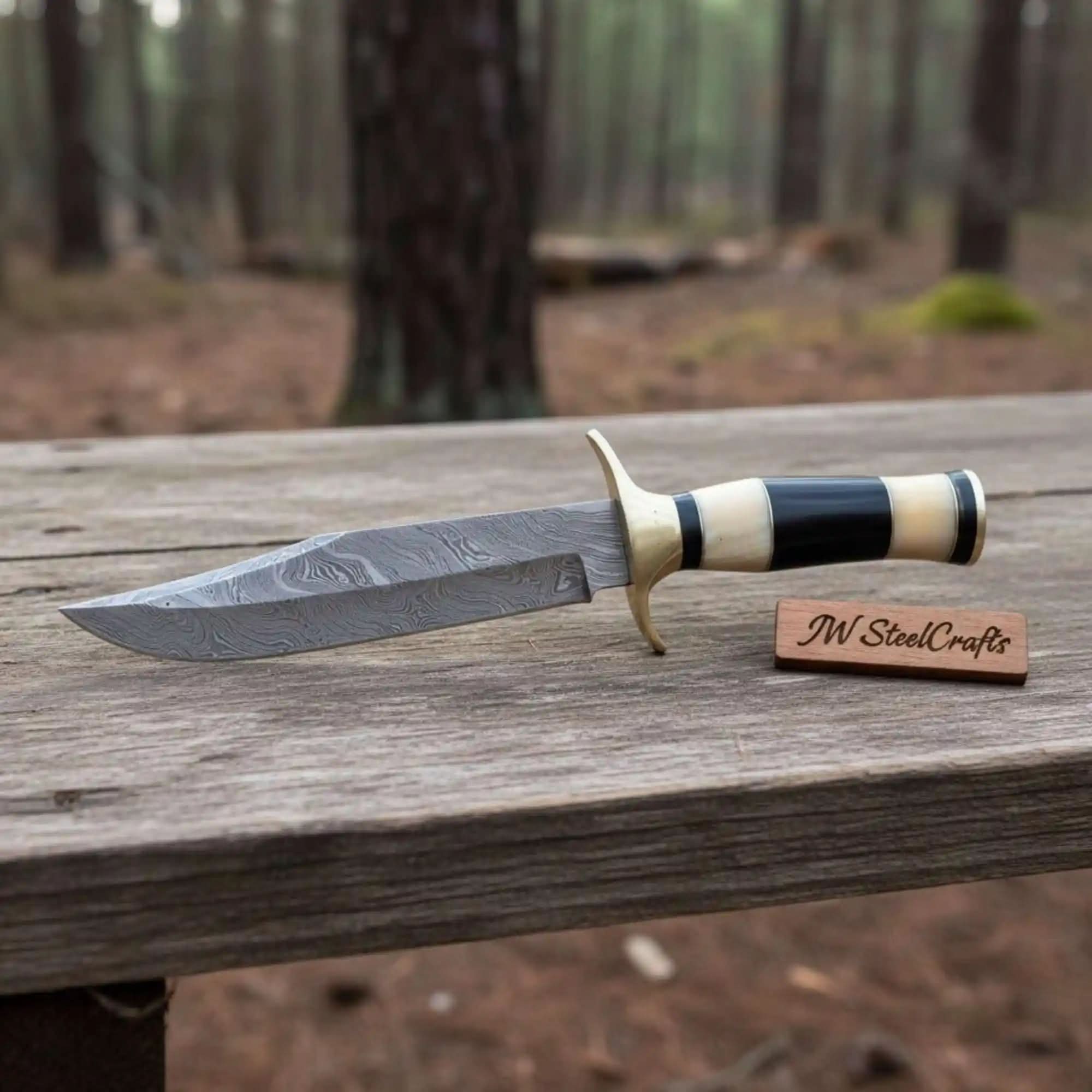Sheffield Clip Point Bowie Knife Hand Forged Damascus Steel Custom Handmade Bowie JW SteelCrafts by JW SteelCrafts, Damascus knife main product photo