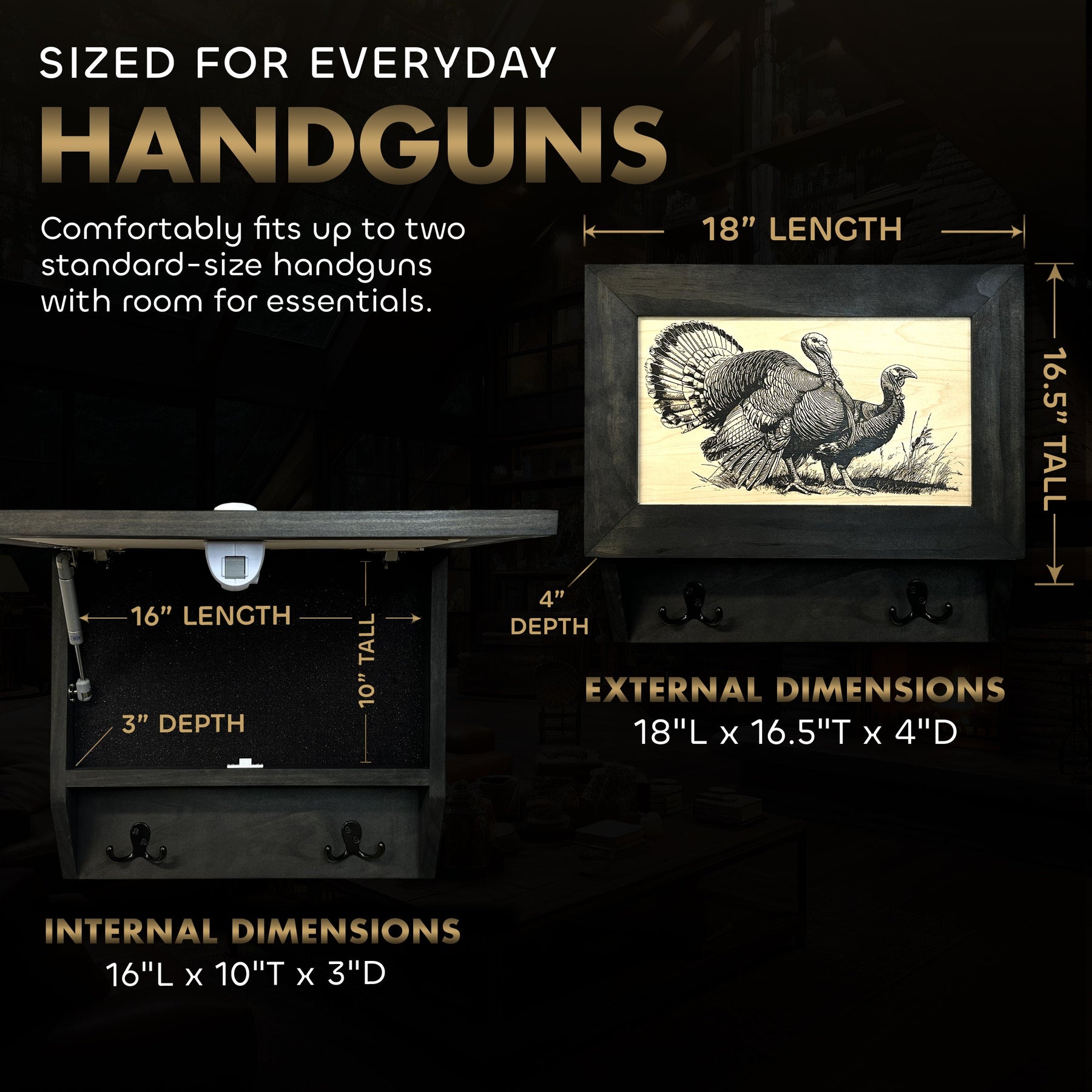 Wild Turkey Pair Gun Concealment Furniture - Handcrafted Hidden Gun Storage Wall Decor - Hidden Safe Furniture with Magnetic Lock for Quick Access & Storage - Made in USA