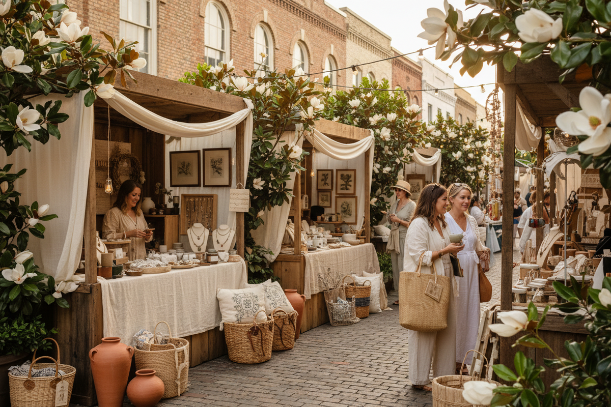 A bustling cobblestone street market decorated with white flowers and string lights.