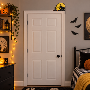 Spiral hill Halloween door topper shown on a full door
