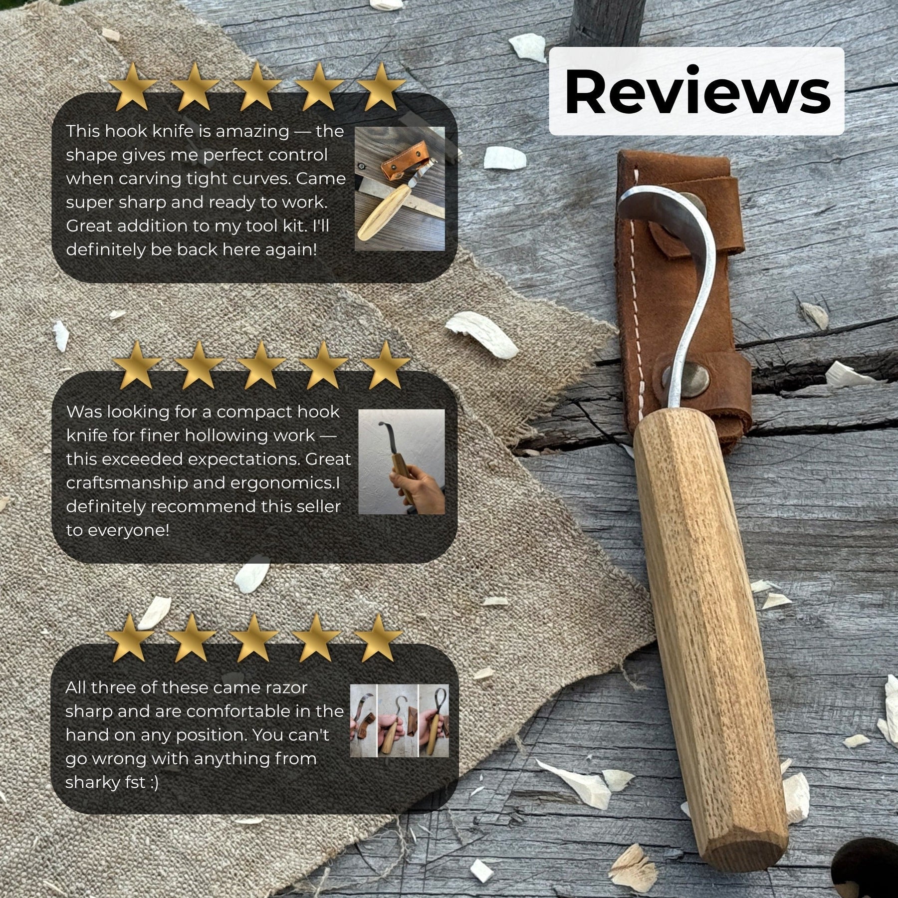 Spoon Carving Hook Knife with Octagonal Handle, 7.5 cm (3 inches), with Leather Sheath