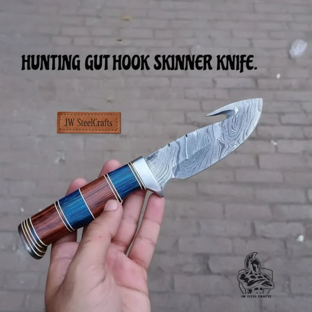 Custom Handmade Hunting Gut Hook Skinner Knife. by JW SteelCrafts, Damascus knife detail photo 2