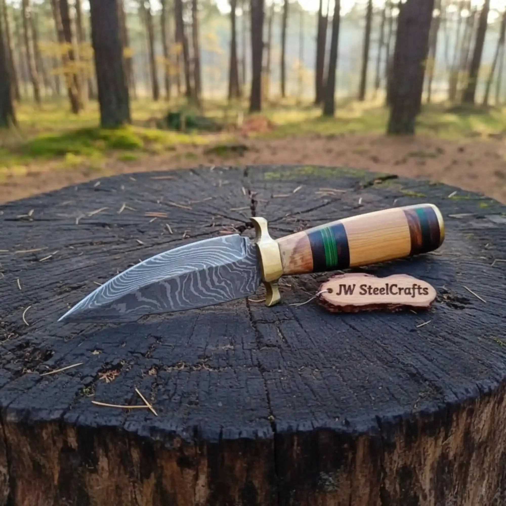 10” Damascus steel Hunting Knife with Olive wood handle by JW SteelCrafts, Damascus knife main product photo