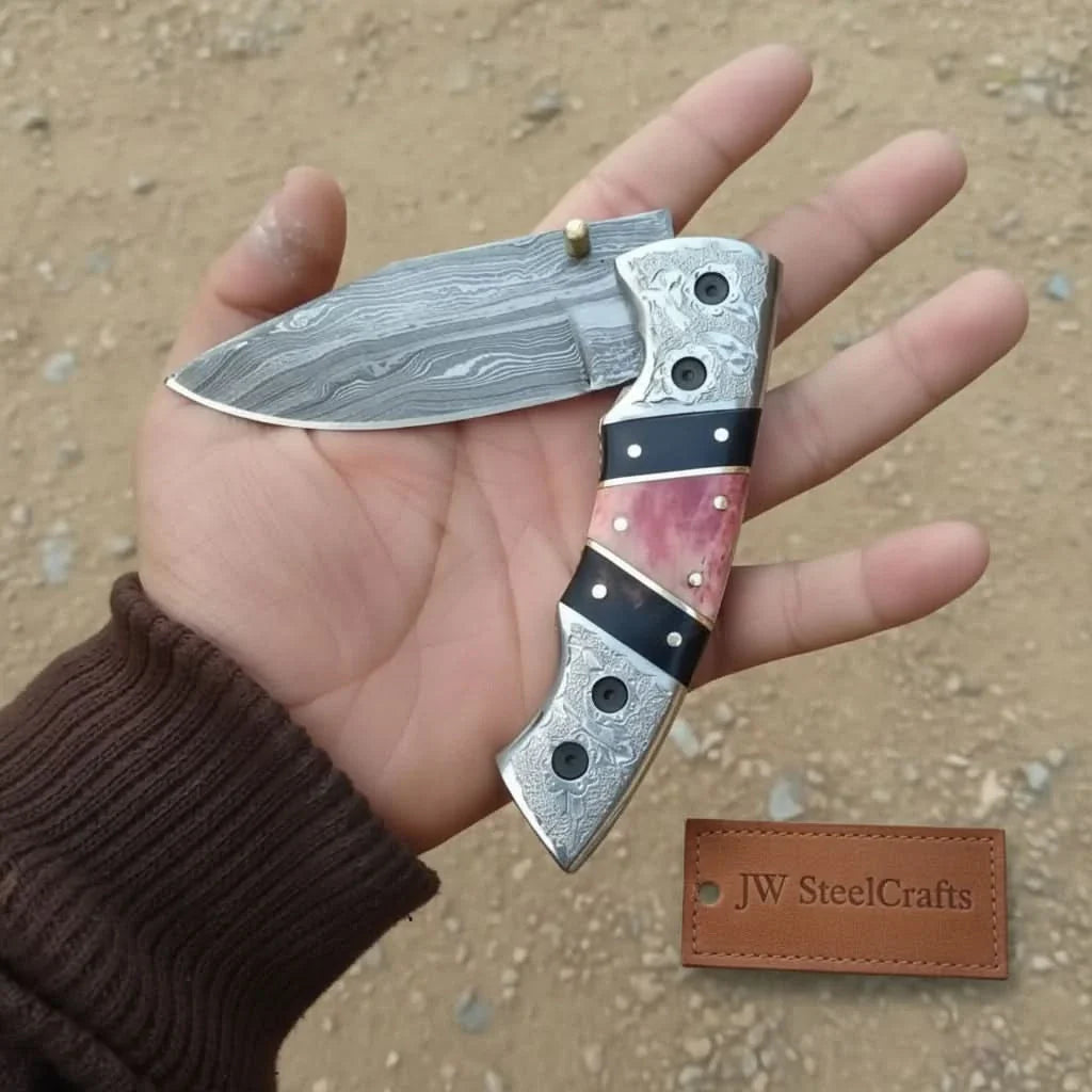 Handmade Damascus Folding Knife with Engraved Bolster, Black Resin and Colored Bone Handle – Custom EDC Pocket Knife by JW SteelCrafts by JW SteelCrafts, Damascus knife main
