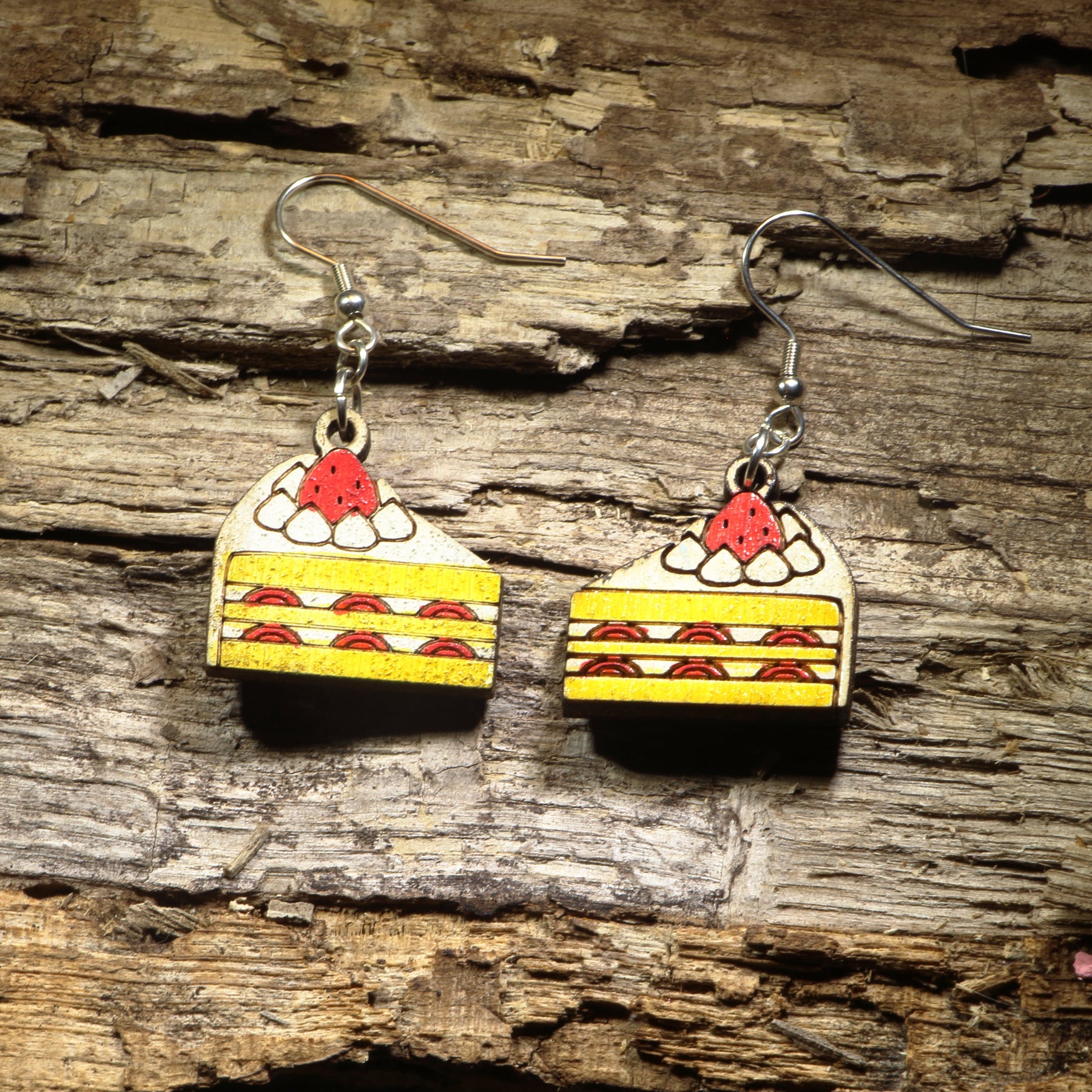 Strawberry Shortcake Wooden Earrings | Dessert Food Jewelry