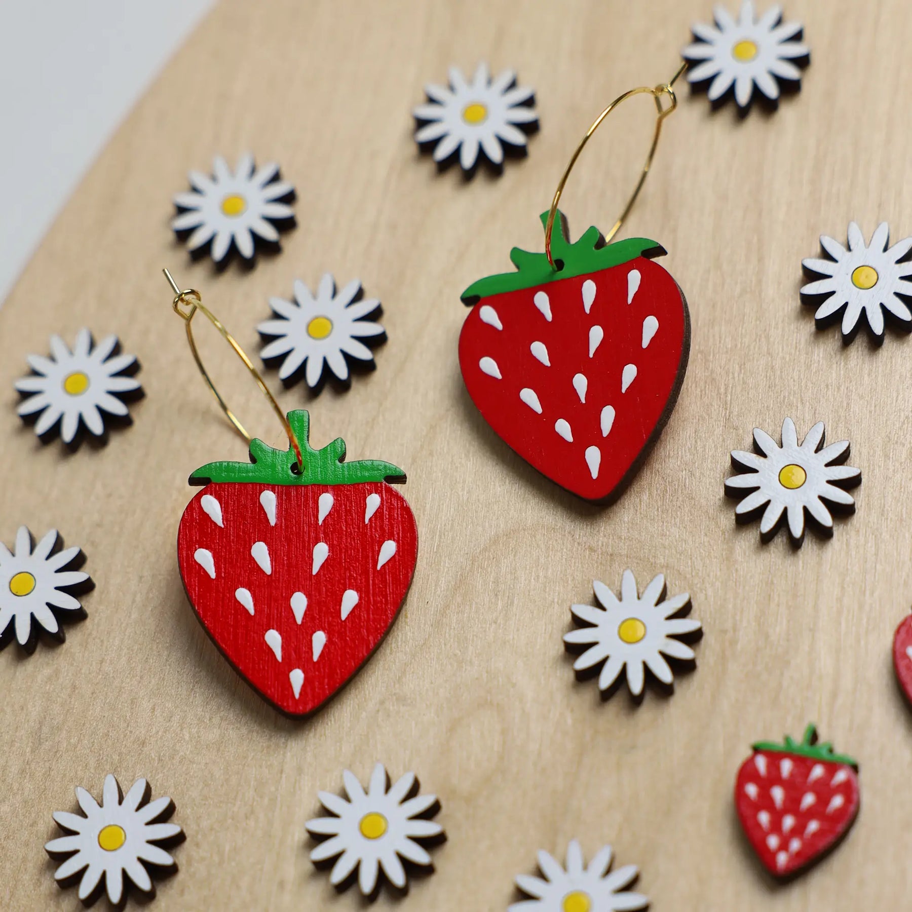 Additional view of Strawberry Hoop Earrings hand painted on lightweight wood by LE CHIC MIAMI