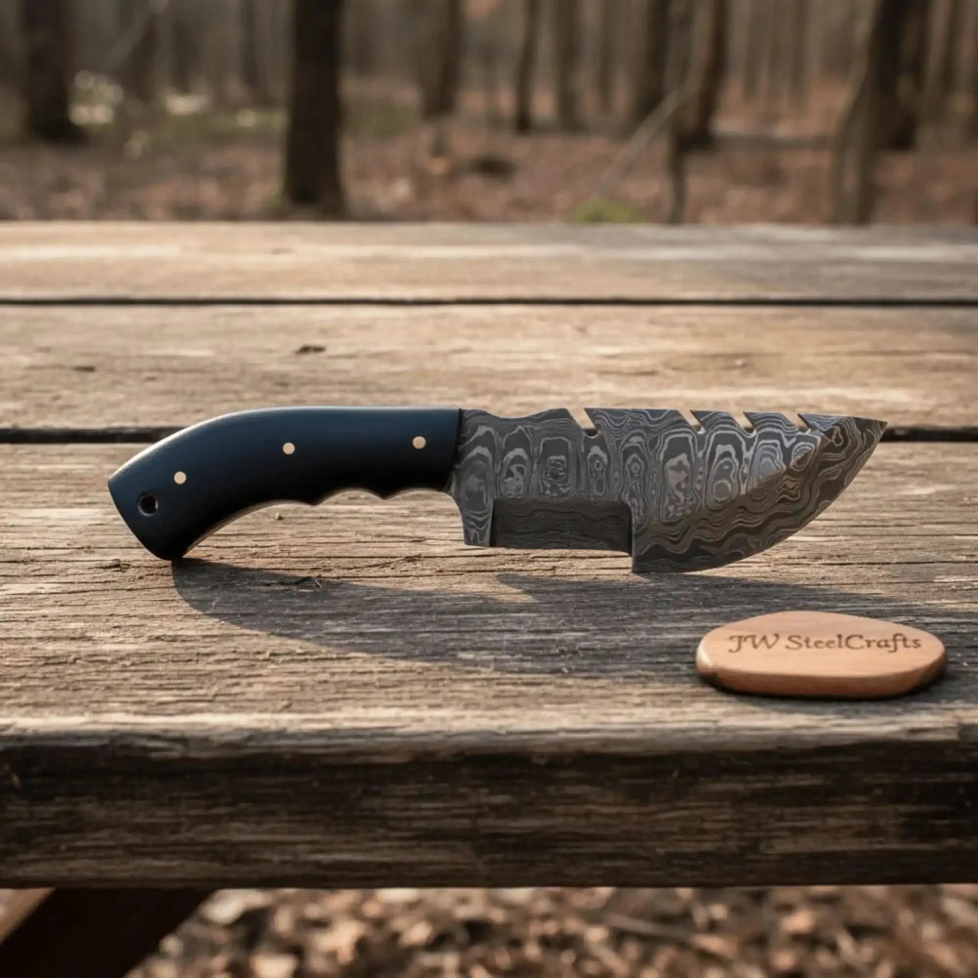 Handmade Damascus Tracker Knife with Black Micarta Handle, Fixed Blade Outdoor Hunting Knife by JW SteelCrafts, Damascus knife detail photo 2