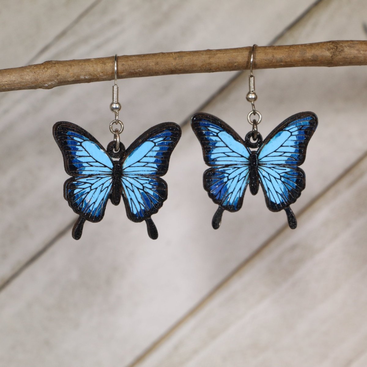 Blue Morpho Butterfly Wooden Earrings | Tropical Insect Jewelry