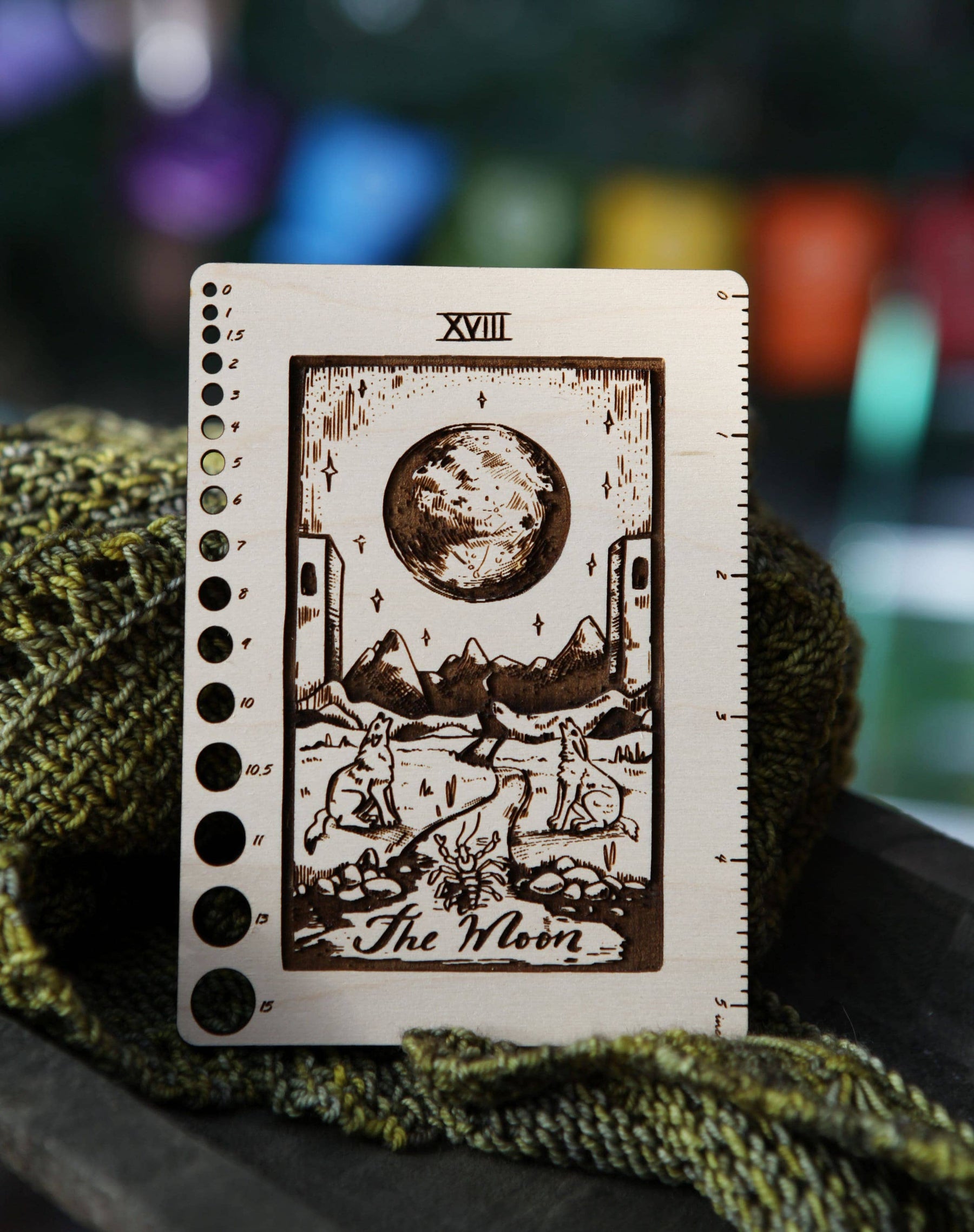 Maple Wood Moon Tarot Card Knitting Needle Gauge & 5" Ruler