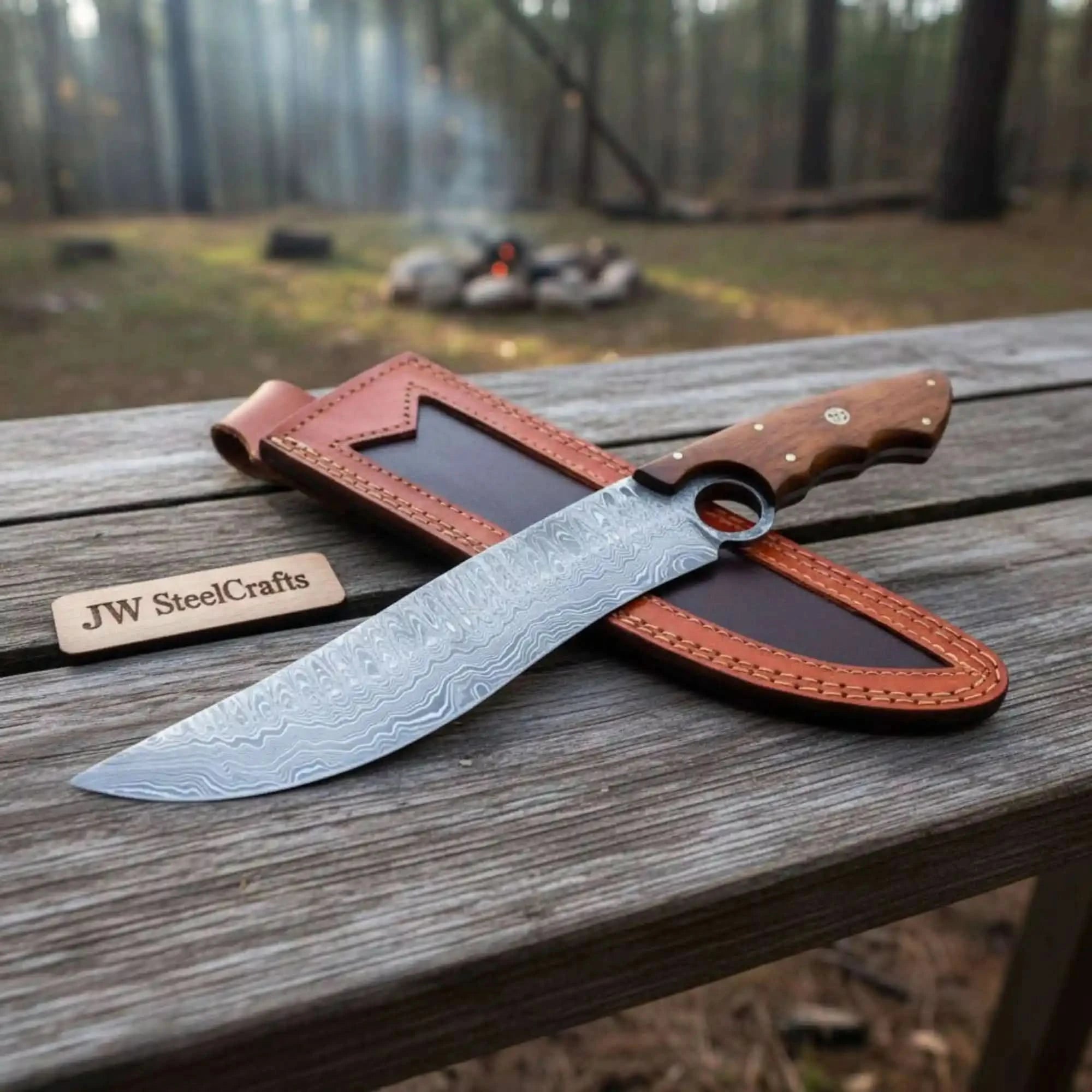 Handmade American Clip Point Bowie Knife in Forged Damascus Steel by JW SteelCrafts, Damascus knife main product photo