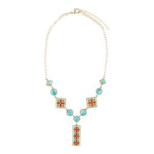 Talavera Tile and Blue Turquoise Golden Y-Neck Necklace