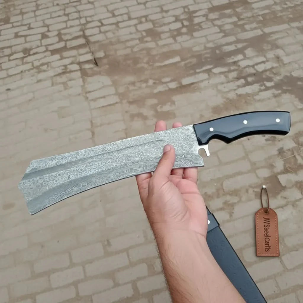 Forged Damascus K-Tip Nakiri Knife — Raindrop Pattern Blade, Black Resin Handle & Silver Pins | JW Steel Crafts by JW SteelCrafts, Damascus knife main product photo
