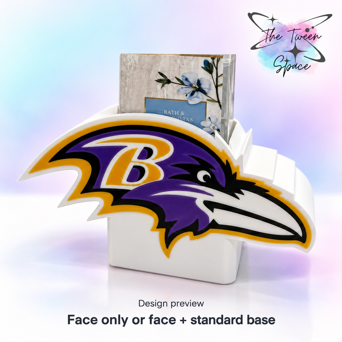 Baltimore Ravens 3D printed interchangeable face with The Tween Space branding; choose face only or face with standard base