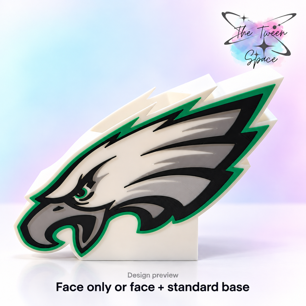 Philadelphia Eagles 3D printed interchangeable face with The Tween Space branding; choose face only or face with standard base