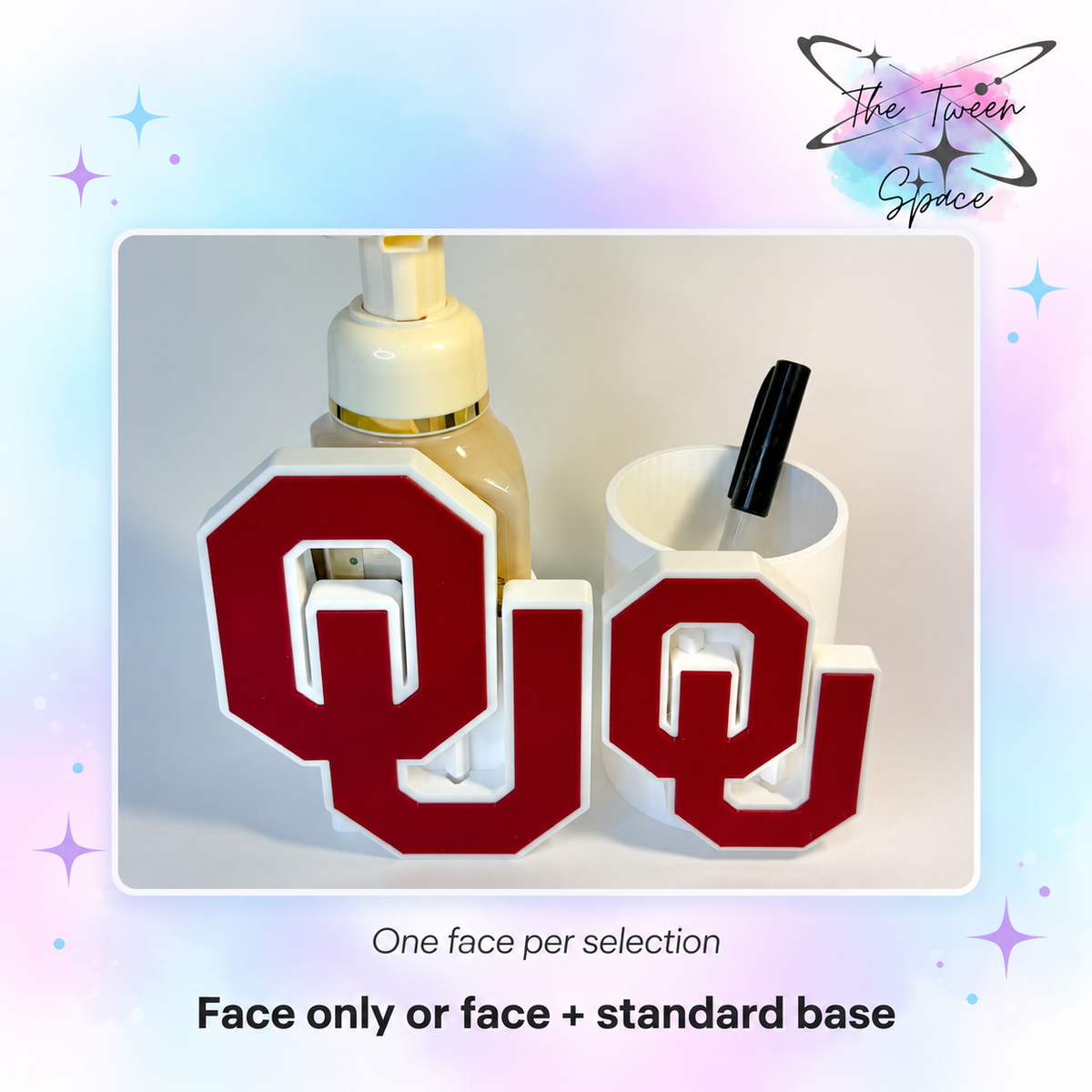 Oklahoma Sooners - OU 3D printed interchangeable face with The Tween Space branding; choose face only or face with standard base