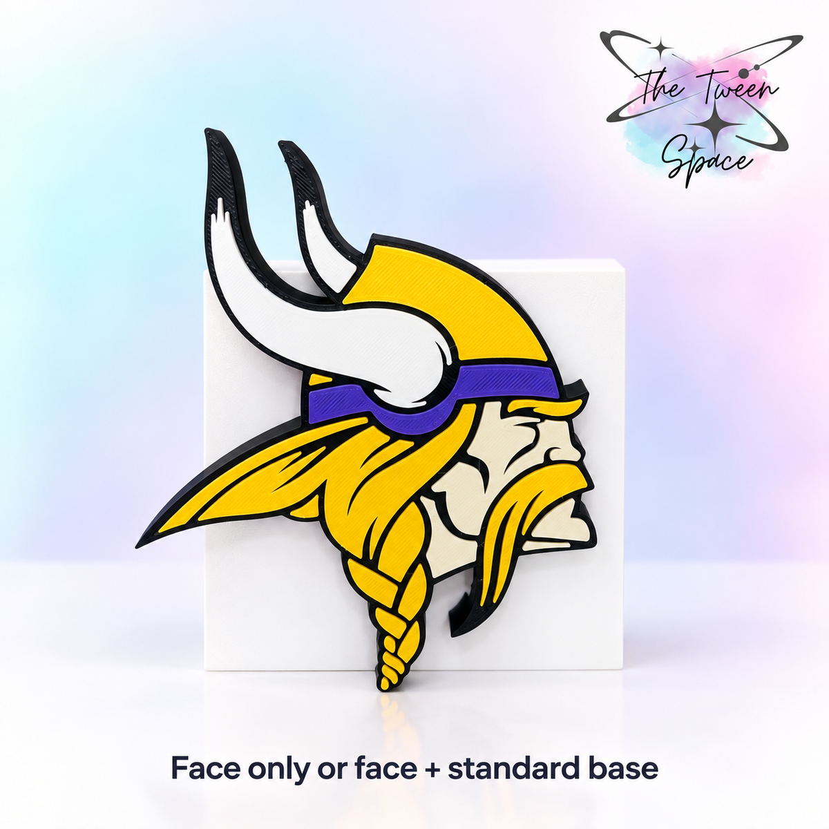 Minnesota Vikings 3D printed interchangeable face with The Tween Space branding; choose face only or face with standard base