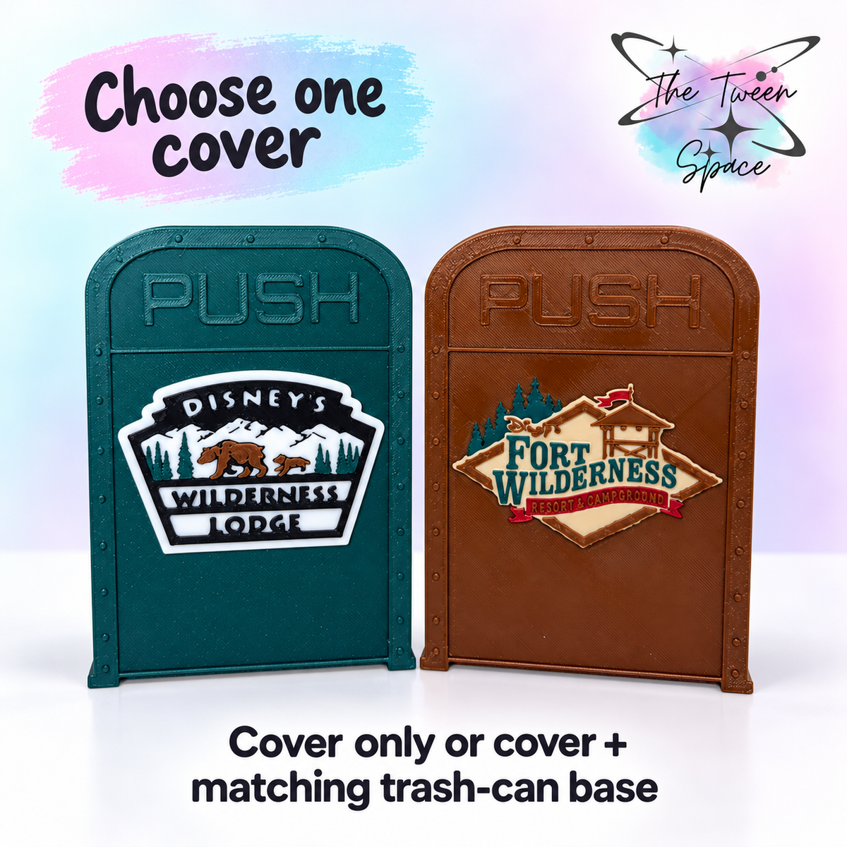 Wilderness Interchangeable Trash-Can Covers, choose one design, with The Tween Space branding; decorative cover or matching set available