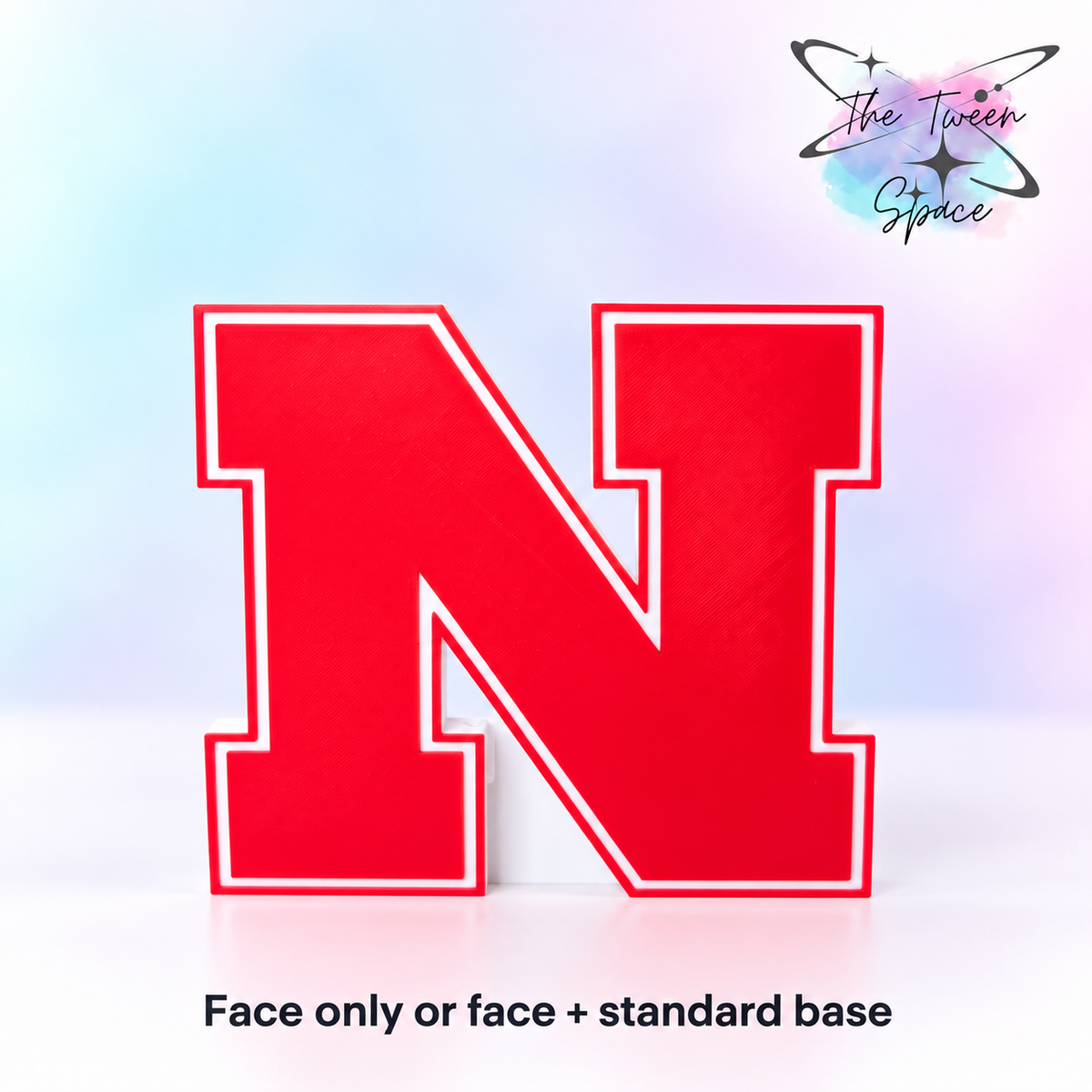 Nebraska Cornhuskers 3D printed interchangeable face with The Tween Space branding; choose face only or face with standard base