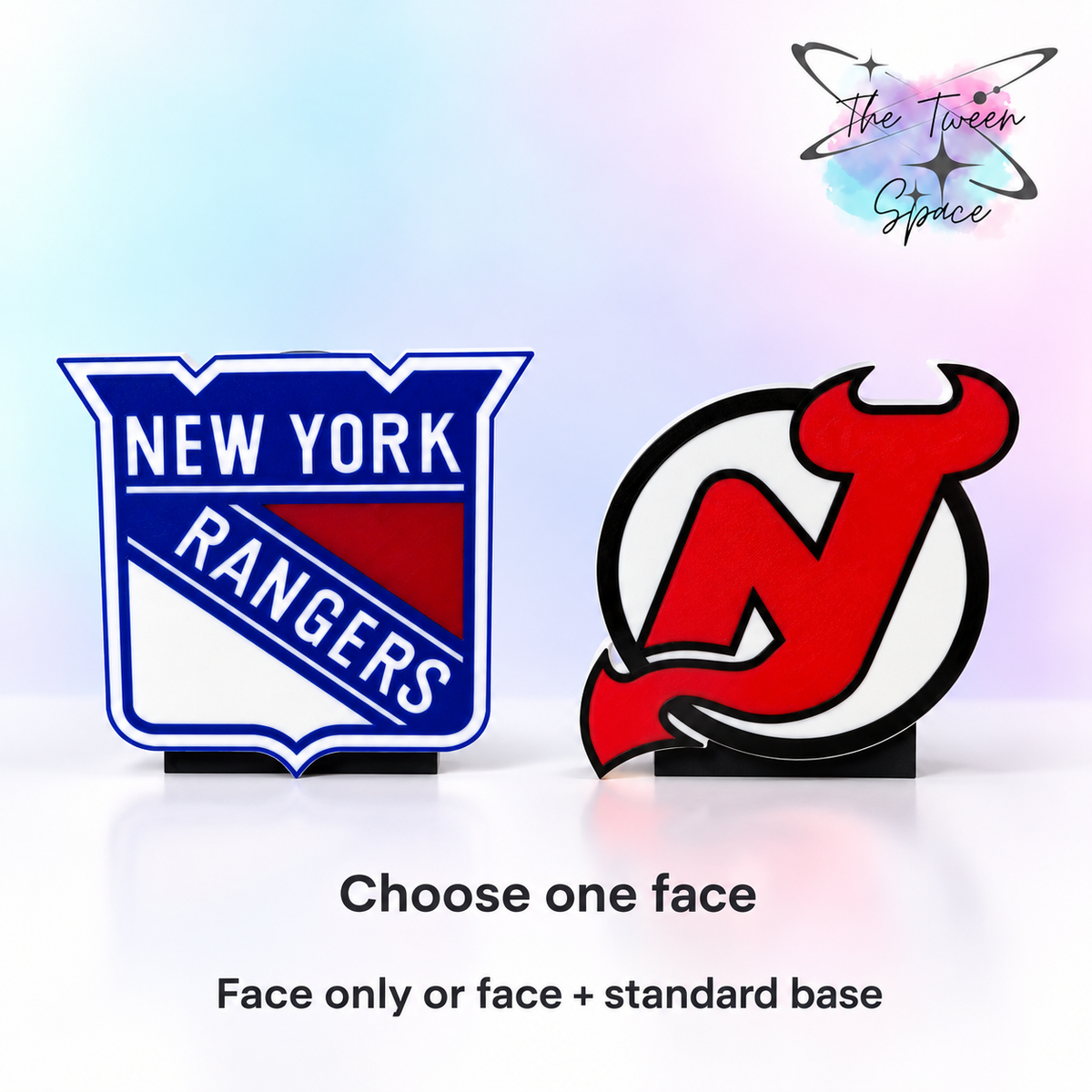 New York Rangers & New Jersey Devils 3D printed interchangeable face choices with The Tween Space branding; choose face only or face with standard base