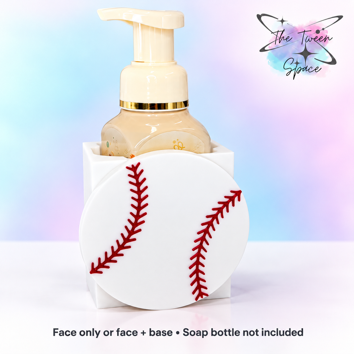Baseball interchangeable face by The Tween Space; choose face only or face plus a standard soap-holder base. Soap bottle is for display only.