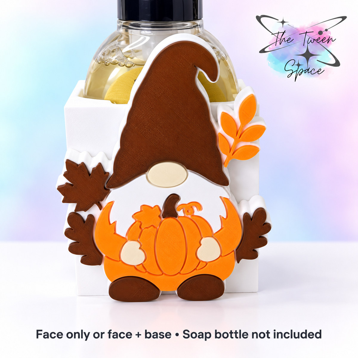 Fall Gnome with Pumpkin interchangeable face by The Tween Space, shown on a standard base with soap bottle for display; choose face only or face plus base.