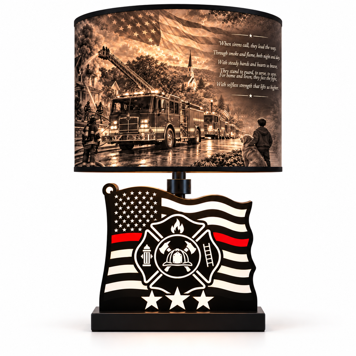 Firefighter Tribute Lithophane LED Table Lamp by The Tween Space, illuminated on a plain white background.