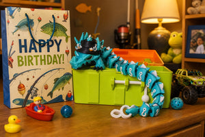 3D printed fishing dragon posed with tackle box in a birthday themed room display