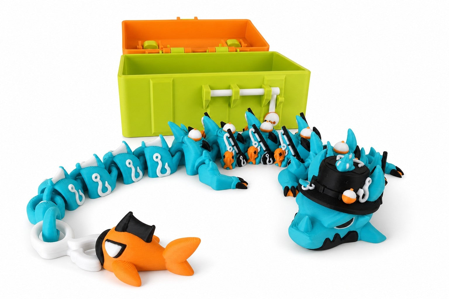 Open 3D printed tackle box with fishing dragon and accessories on a white background by The Tween Space