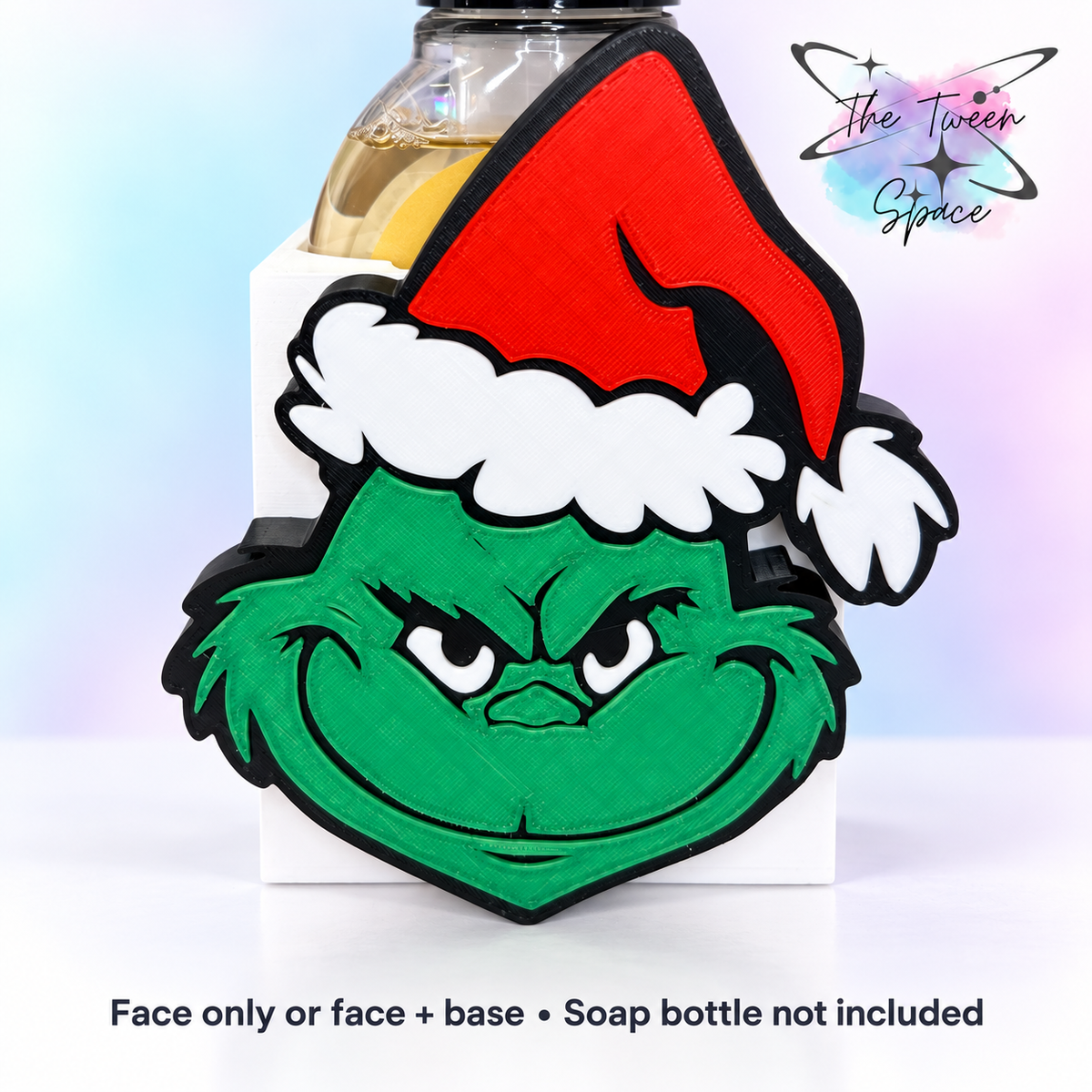 Mean Green Guy interchangeable face by The Tween Space; choose face only or face plus a standard soap-holder base. Soap bottle is for display only.