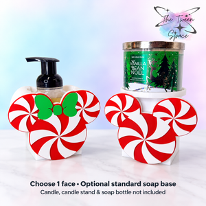 Peppermint Mouse interchangeable faces in Plain and Green Bow designs; choose one face or one face plus a standard soap base. Candle, candle stand and soap bottle not included.