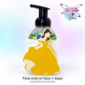 Book Lover Princess interchangeable decorative face on a white base, with The Tween Space branding; soap bottle shown for display and not included