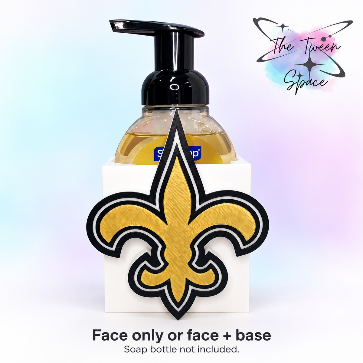 New Orleans Saints interchangeable decorative face on a white base, with The Tween Space branding; soap bottle shown for display and not included