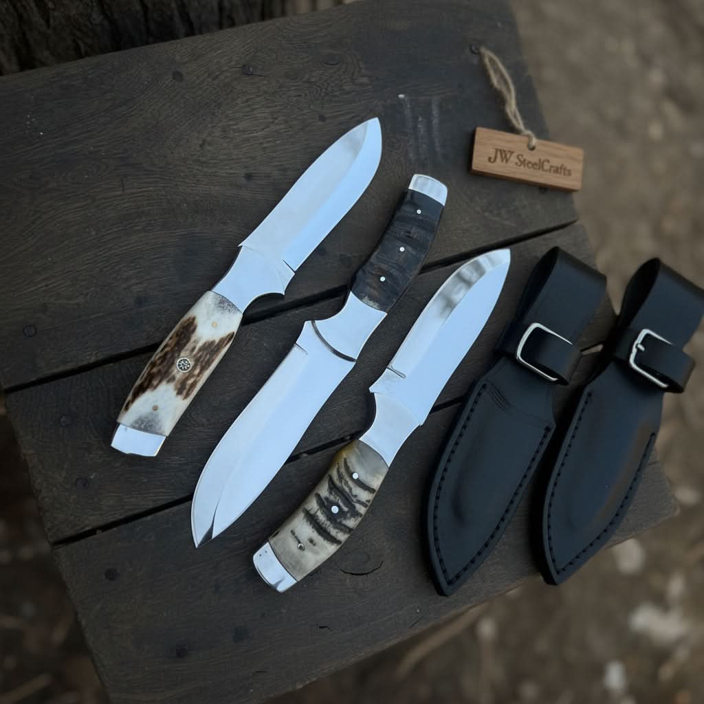 Handmade Hunting Knife Set of 3-Piece Fixed Blade Set with Leather Sheath by JW SteelCrafts, leather knife sheath main product photo