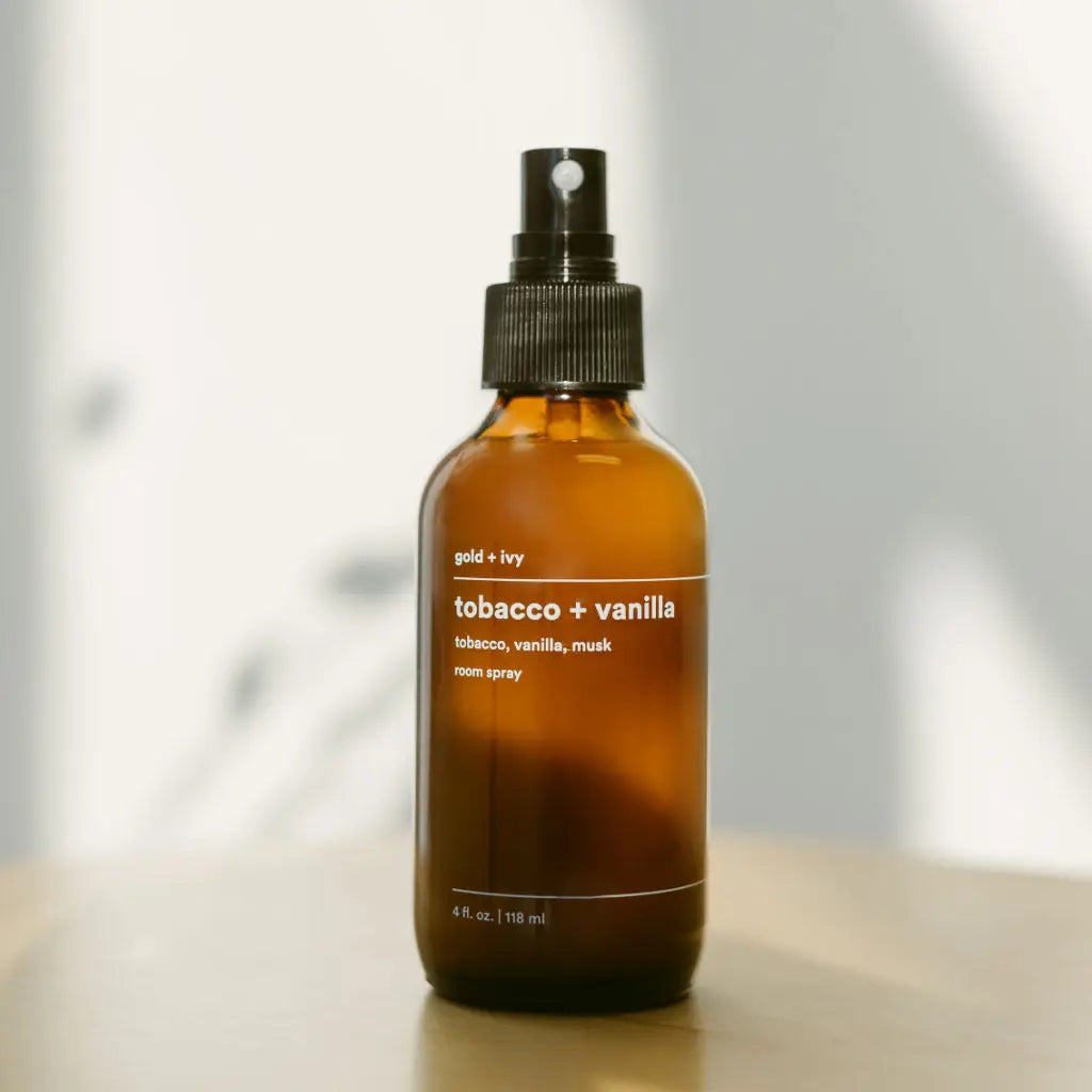 Tobacco + vanilla room spray by gold + ivy, scented candle main product photo