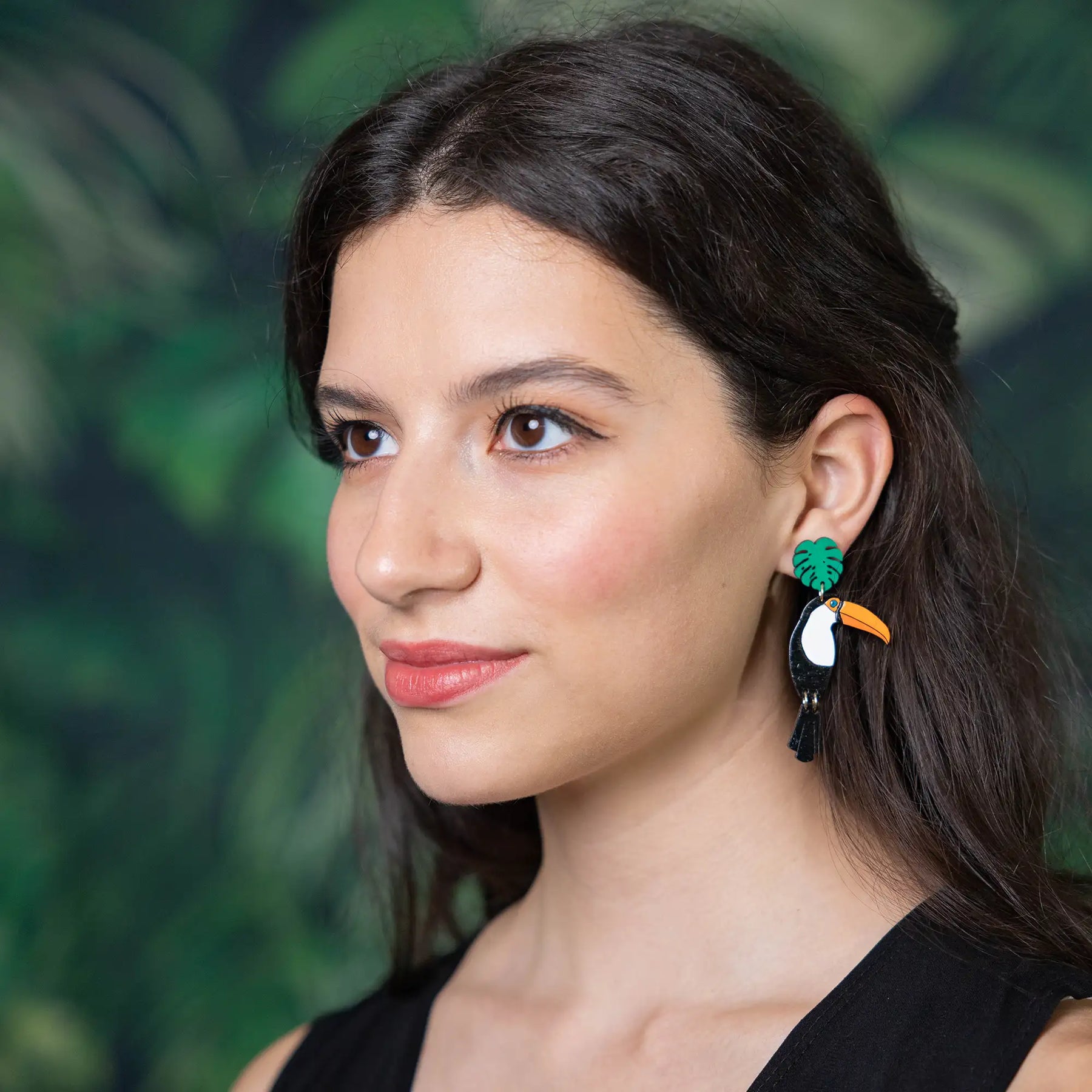 Additional view of Toco Toucan Stud Dangle Earrings hand painted on lightweight wood by LE CHIC MIAMI