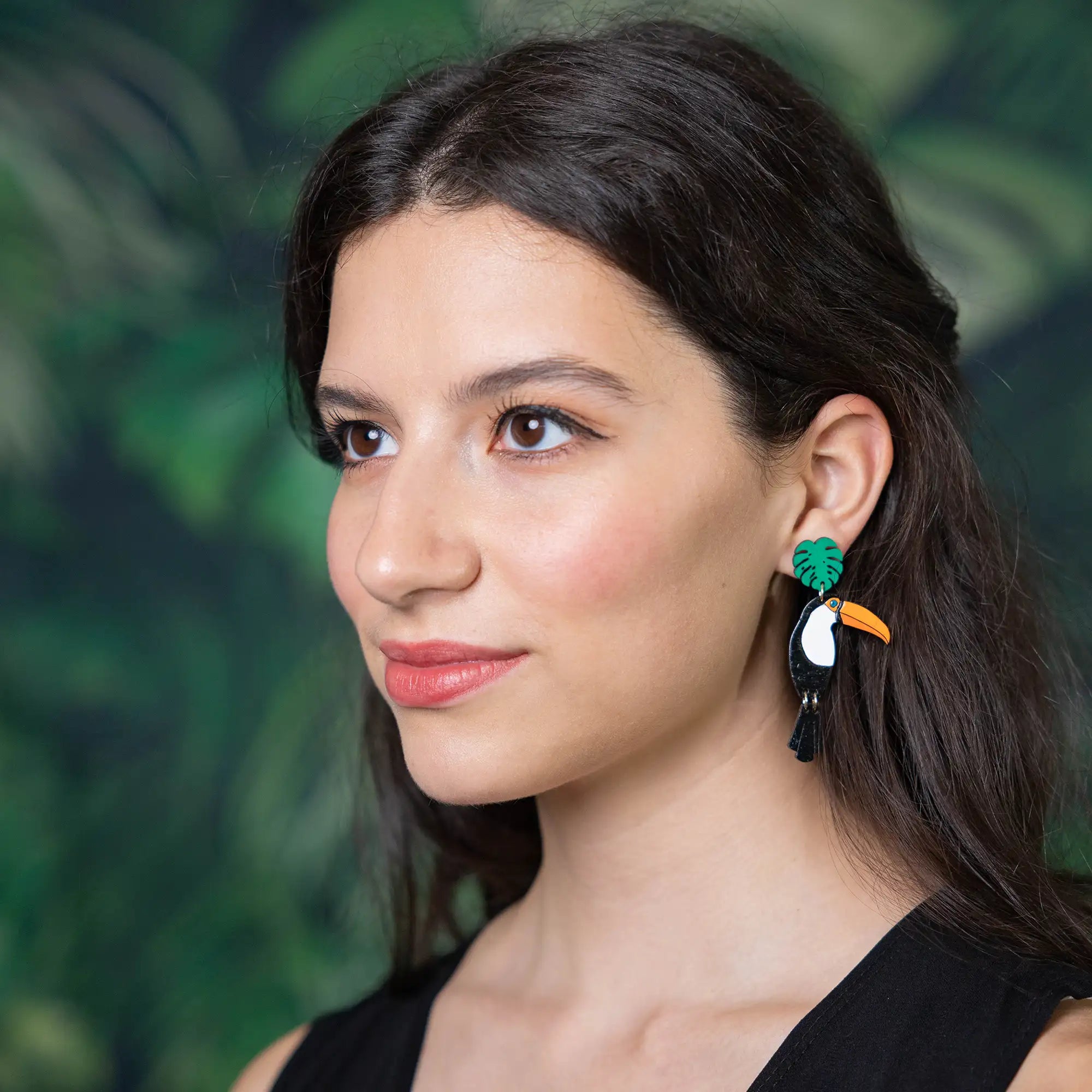 Additional view of Toco Toucan Stud Dangle Earrings hand painted on lightweight wood by LE CHIC MIAMI